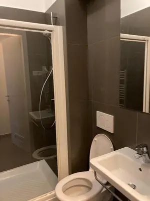 a bathroom with a toilet and a sink and a shower at Twix apartment in Ljubljana