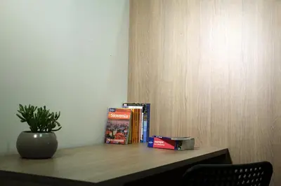 a table with books and a potted plant on it at Hostel Tivoli in Ljubljana