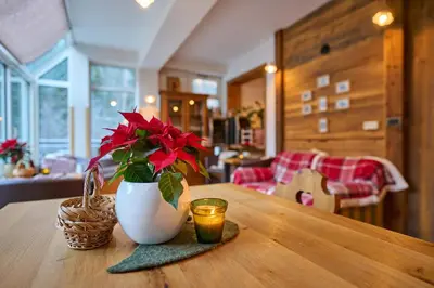 a vase with red flowers on a wooden table at Eko hiša-Eco House Na razpotju in Solčava