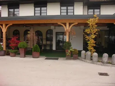 a building with potted plants in front of it at B&B Janežič in Ljubljana