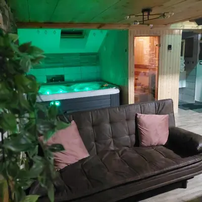 a couch in a living room with a pool table at Apartment Mastnak - Private Wellness & Jacuzzi in Laško