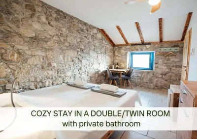 a room with a bed in a room with a stone wall at Villa Lapis in Črni Kal