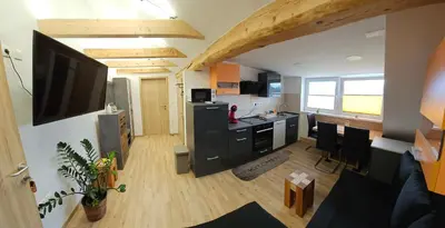 a kitchen and living room in a small apartment at Apartma AJJA in Šenčur