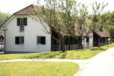a white house with black windows and a tree at Terme Olimia - Apartment Village Lipa in Podčetrtek
