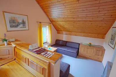 a living room with a blue couch and a wooden ceiling at Terme Olimia - Apartment Village Lipa in Podčetrtek