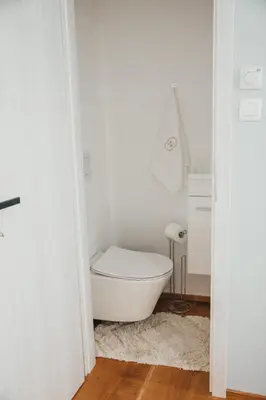 a bathroom with a white toilet in a room at NA Apartments in Maribor