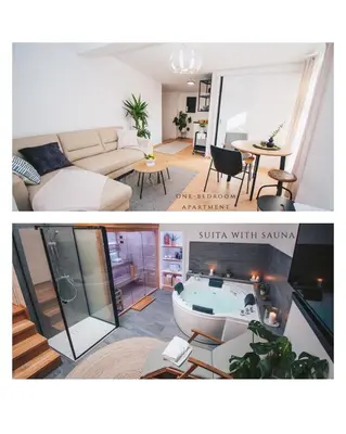 two pictures of a living room and a living room with a tub at NA Apartments in Maribor