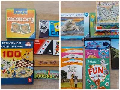 a collage of pictures of childrens games and books at Apartma Krvavec - cosy mountain retreat in Cerklje na Gorenjskem