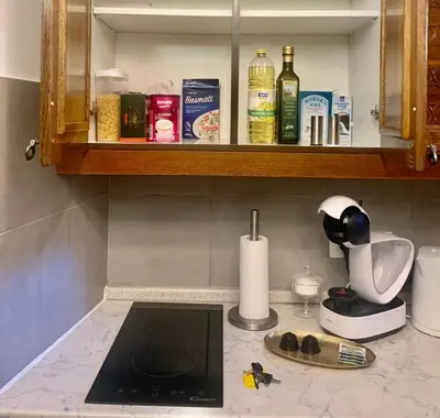a kitchen counter with a shelf with bottles of alcohol at Ljubljana City Center Apartment in Ljubljana