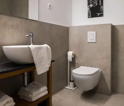 a bathroom with a sink and a toilet at Hotel Belmur in Murska Sobota