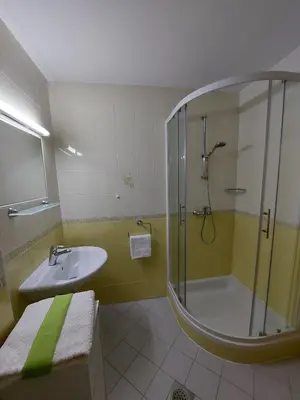 a bathroom with a shower and a sink and a shower at Apartma TiJa in Moravske Toplice
