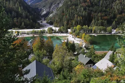 an aerial view of a resort with a lake at Mountain Dreams House - Stunning view over Lake Jasna! in Kranjska Gora