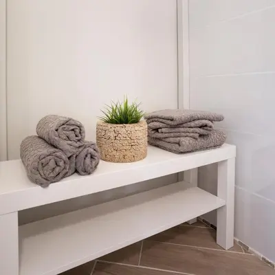 a bathroom shelf with towels and a plant on it at APARTMENT SAPICA in Solkan