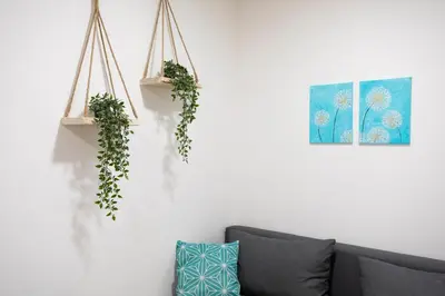 a living room with two hanging plants on the wall at APARTMENT SAPICA in Solkan