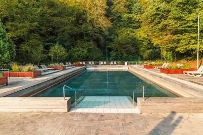 a swimming pool in a park with benches and trees at Hotel Toplice - Terme Krka in Smarjeske Toplice