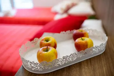 a plate with five apples on a table at Gostilna Pugelj in Novo Mesto
