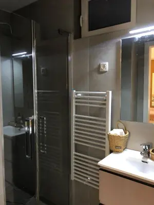 a bathroom with a shower and a sink at Maximo Apartments - free parking in Maribor