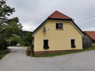 a yellow house with two windows on a road at Malina in Vransko