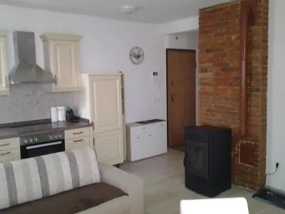 a kitchen with a couch and a stove in a room at Izzi apartma in Kranjska Gora