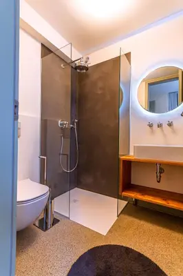 a bathroom with a shower and a sink at Vila Brinovka in Kostanjevica na Krasu
