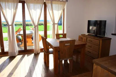 a dining room with a table and a tv and window at Panonska Vas Apartments in Moravske Toplice