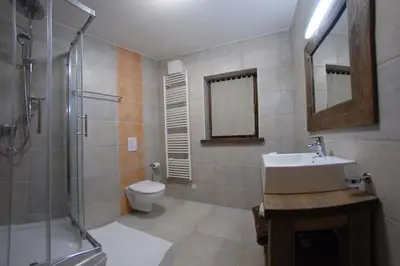 a bathroom with a toilet and a sink and a shower at Panonska Vas Apartments in Moravske Toplice