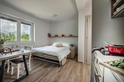 a bedroom with a bed and a table and a kitchen at Vila Vernig in Bled