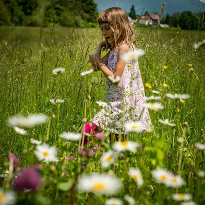 a little girl in a field of flowers at Vila Vernig in Bled