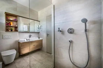 a bathroom with a shower and a toilet and a sink at Vila Vernig in Bled