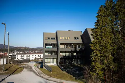 a large building with a tree in front of it at Pohorje Fox duplex apartment in Maribor