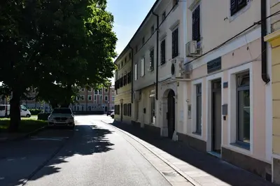 a street with buildings and a car parked on the road at Apartma Darsi in Ajdovščina