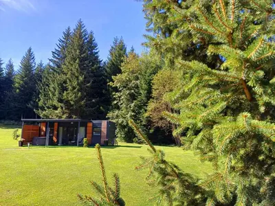 a cabin in the middle of a field with trees at Resort na jasi in Zreče