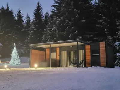 a small house in the snow with a christmas tree at Resort na jasi in Zreče