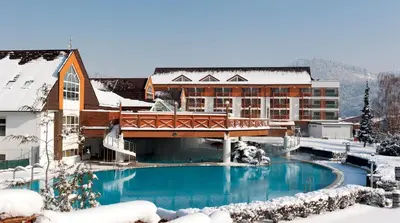 a resort with a swimming pool in the snow at Resort na jasi in Zreče