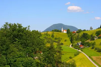 a village on a green hill with a church on it at Farmhouse Raspberry Pool&Wellness - Happy Rentals in Vransko