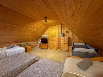 a bedroom with two beds and a wooden ceiling at Spa House Blue Lagoon in Terme Čatež in Čatež ob Savi