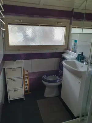 a small bathroom with a toilet and a sink at Spa Cottage Lavender in Terme Čatež in Čatež ob Savi