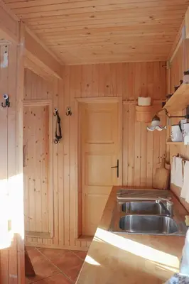 a kitchen with a sink and a wooden wall at Chalet Kočna - I FEEL ALPS in Stahovica