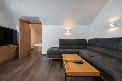 a living room with a couch and a coffee table at Apartmaji ENIA Rateče-Planica, Kranjska Gora in Kranjska Gora