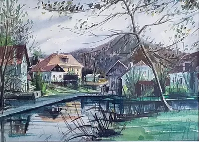 a painting of a river with houses and a mountain at Krka River Lodge in Krka