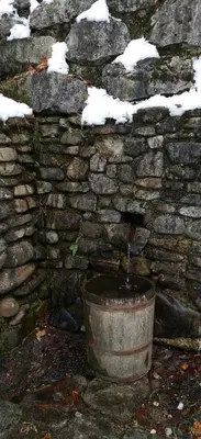 a bucket of water next to a stone wall at Apartma Regina in Slovenj Gradec