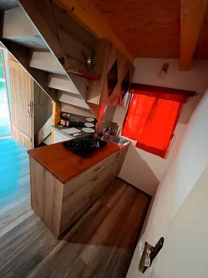 a kitchen with a sink and a stove in a room at Koča Janka in Metke in Velika Loka