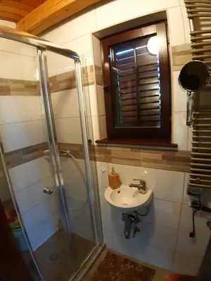 a bathroom with a shower and a sink and a window at Adorable guesthouse in the middle of vineyards in Ptujska Gora