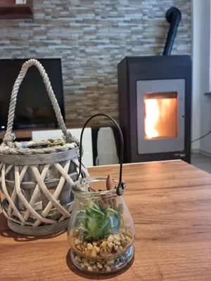 a table with a basket and a vase with a plant in it at APARTMA KAAN in Žaga
