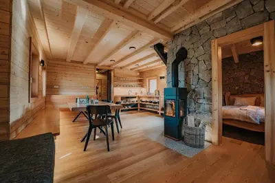 a room with a stone fireplace in a log cabin at Koča Žafran - Velika planina in Stahovica