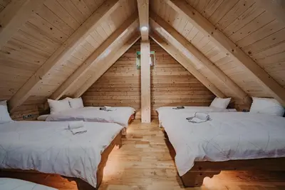 a room with three beds in a attic at Koča Žafran - Velika planina in Stahovica