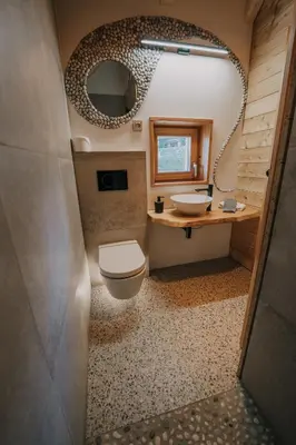 a bathroom with a toilet and a sink and a mirror at Koča Žafran - Velika planina in Stahovica