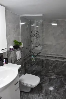 a bathroom with a shower with a woman painted on the wall at Apartma VRBA Dobrna in Dobrna