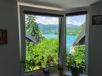 a window with a view of a lake at BALCON Apartments in Bled