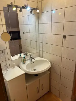a bathroom with a sink and a mirror at Apartma Anastasija in Kranjska Gora